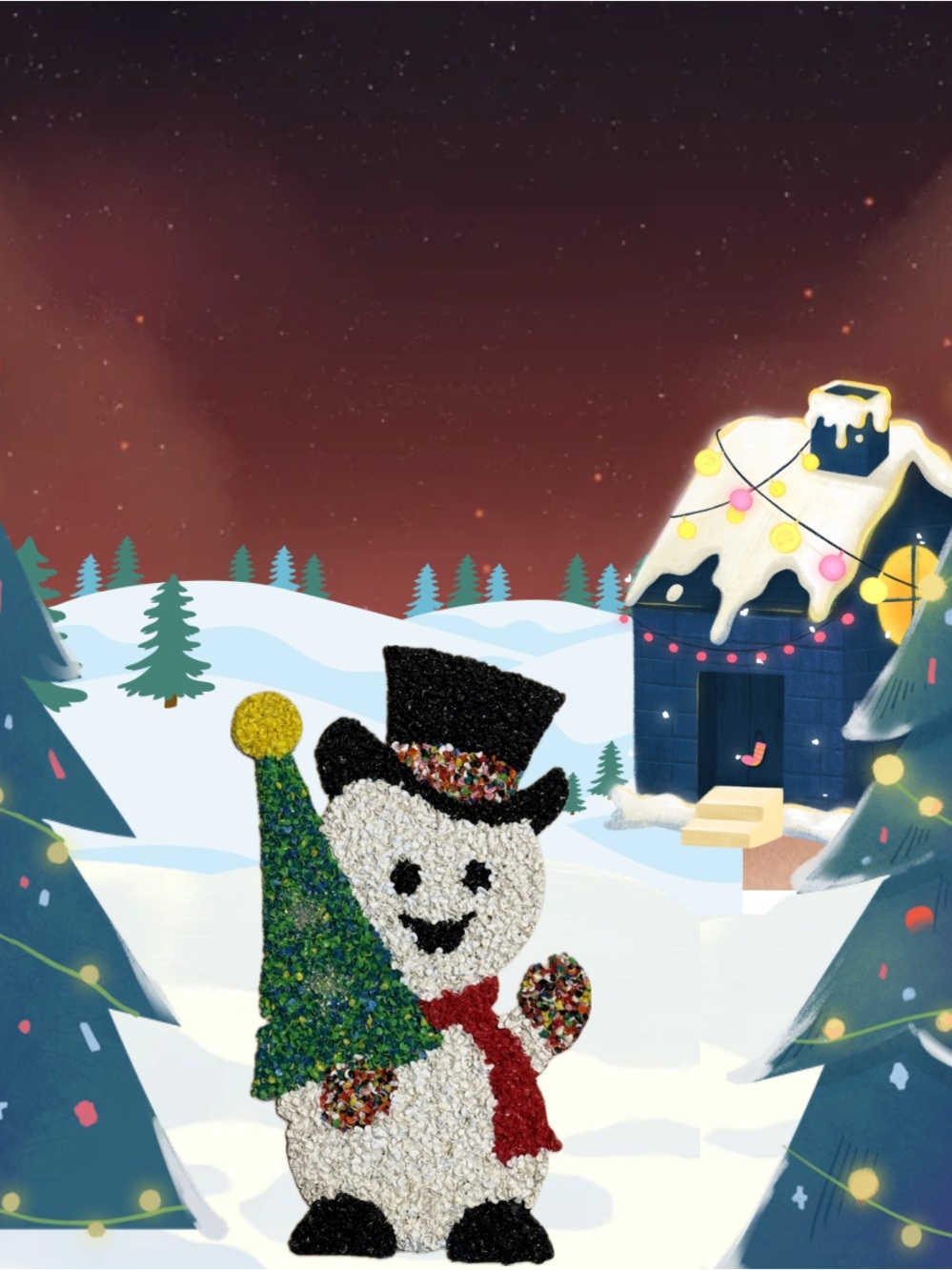 Vintage Melted Plastic Popcorn Snowman holding a Christmas Tree.